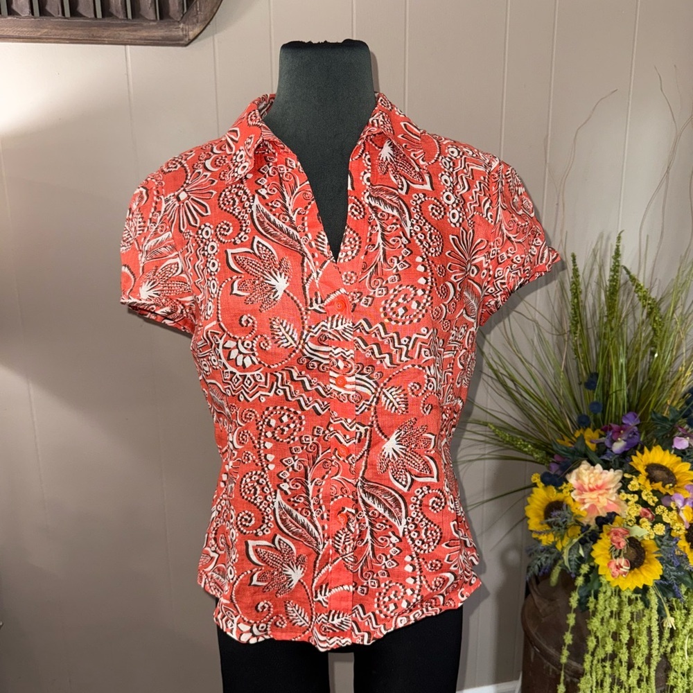 Rafaella • Linen Floral Button Up Short Sleeve Shirt